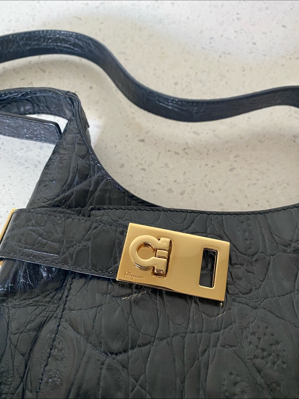 Salvatore Ferragamo Black Croc-Embossed Shoulder Bag with Gold Hardware - Picture 3 of 16